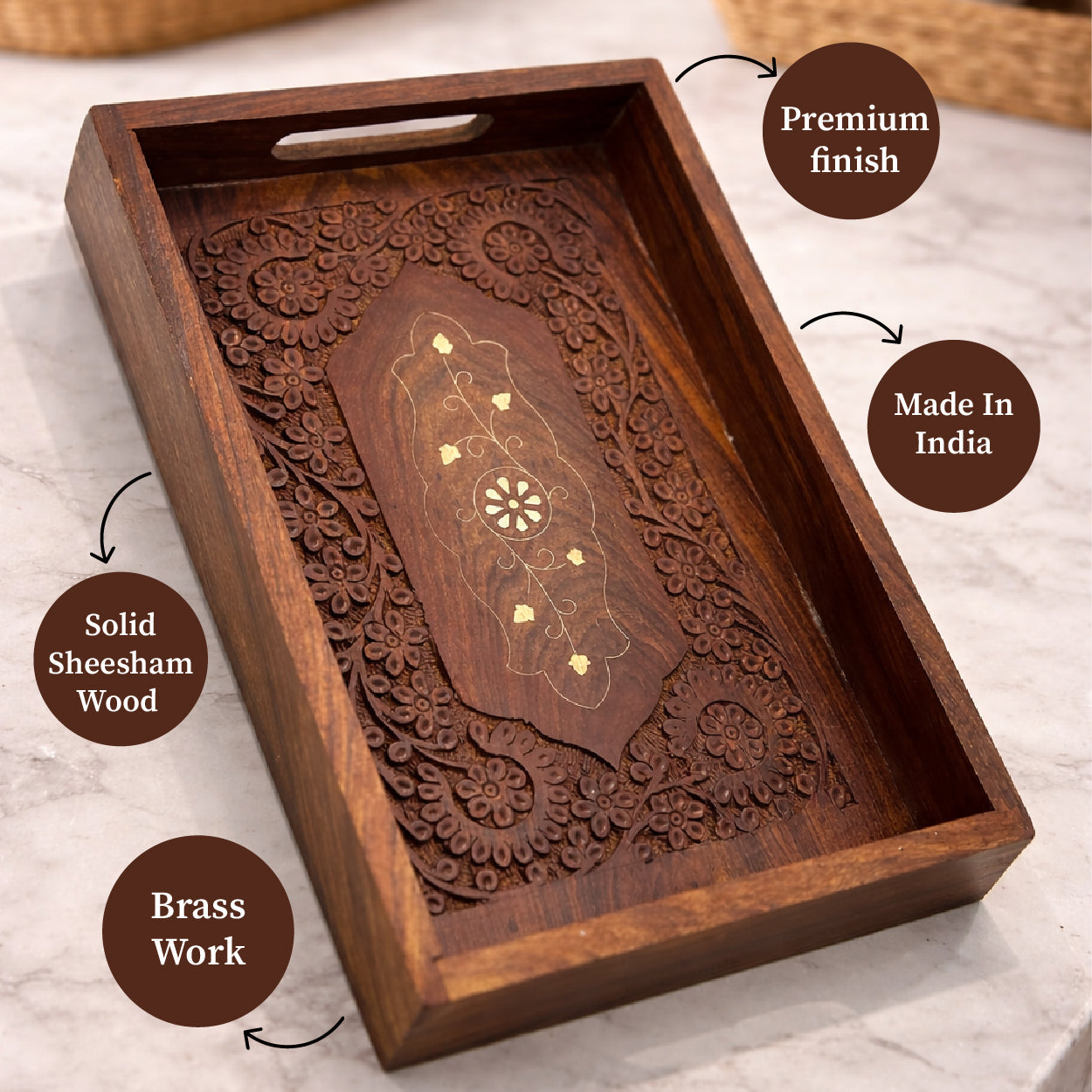 Handcrafted Rosewood Wooden Serving Trays Set of 2 | The Indian Aura