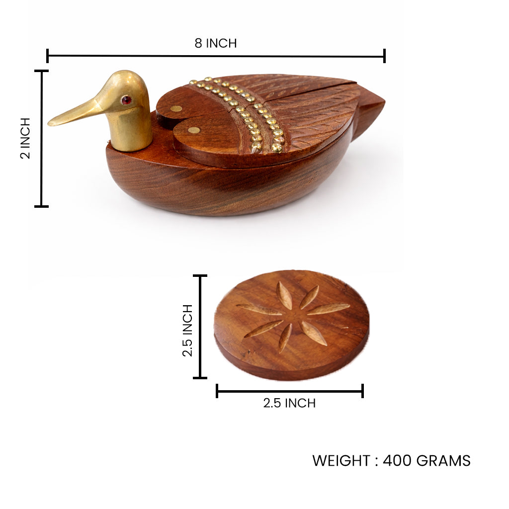 Duck Shaped Wooden Coaster Set with Holder – Handcrafted Sheesham Wood & Brass Tea Coasters for Cups, Mugs & Glasses, 8 Inch | Decorative Table Showpiece & Housewarming Gift