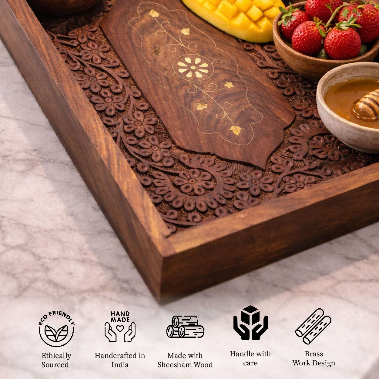 Rosewood Wooden Serving Tray with Matching Coaster (Set of 6) | The Indian Aura