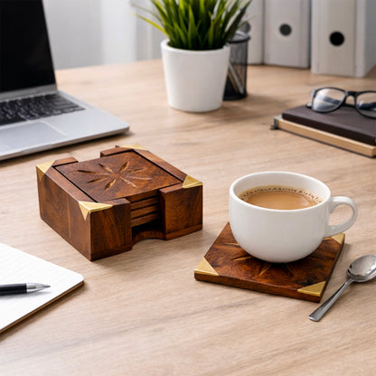 Handcrafted Sheesham Wood Square Coaster Set with Brass Corners & Box Holder – 3 Inch Coasters, Set of 6