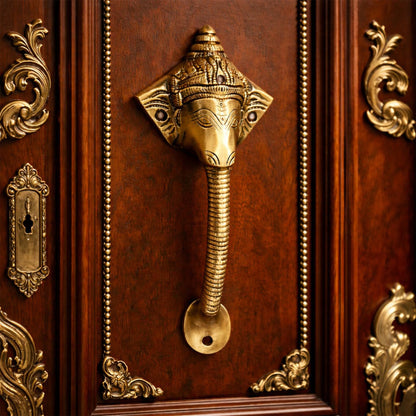 Antique Ganesha Brass Door Handle with Brown Crown – Vintage Indian Design