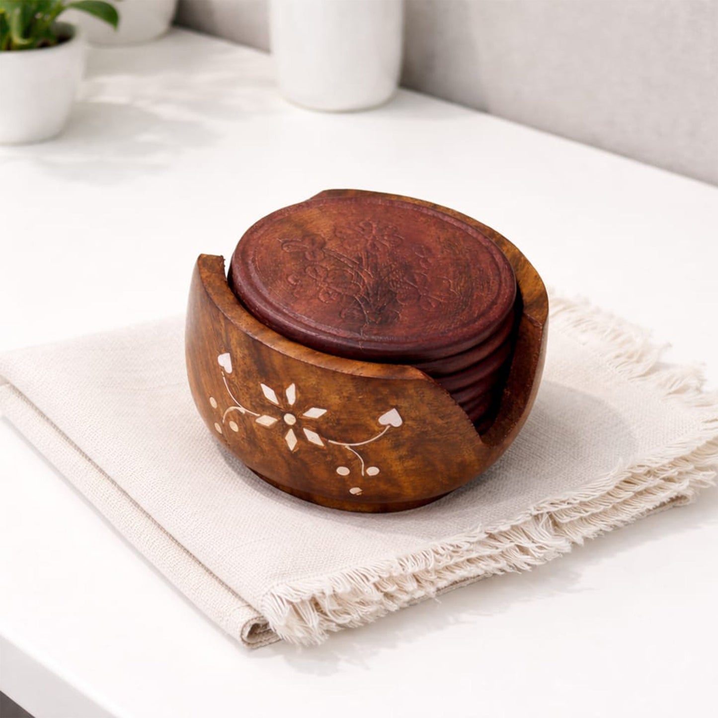 Handcrafted Wooden Coaster Set with Holder | The Indian Aura
