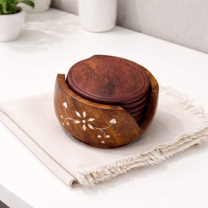 Handcrafted Wooden Coaster Set with Holder | The Indian Aura