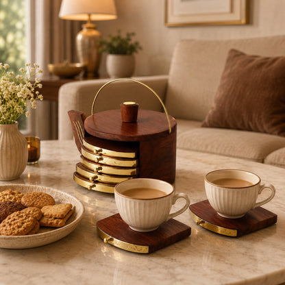 Wooden Tea Coaster Set with Kettle-Shaped Holder – Sheesham Wood & Brass Coasters for Tea Cups, Coffee & Glasses, Handcrafted Table Decor