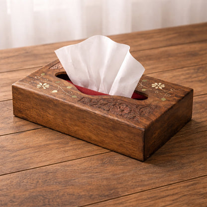 The Indian Aura Handcrafted Wooden Tissue Box Cover with Brass Inlay – Decorative Tissue Holder for Home & Office (15 × 25 × 6 cm)