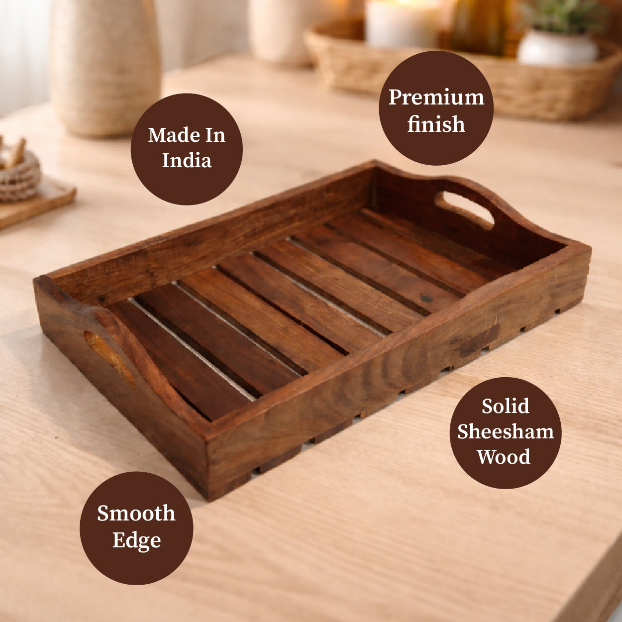 Handcrafted Rosewood Wooden Serving Trays Set of 2 | The Indian Aura