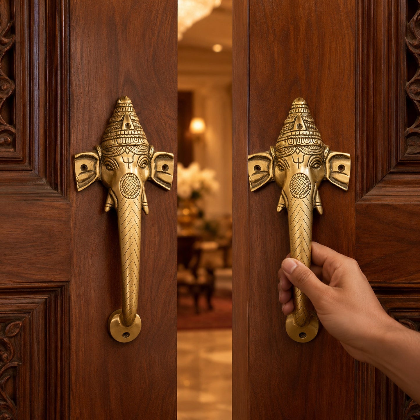Ganesha Brass Door Handle Pair for Main Door – 10 Inch Antique Finish Elephant Pull Handle, Ethnic Indian Design for Wooden Doors, Temple Doors & Entrance | Auspicious Housewarming Gift,Set-2