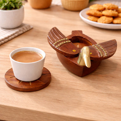 Duck Shaped Wooden Coaster Set with Holder – Handcrafted Sheesham Wood & Brass Tea Coasters for Cups, Mugs & Glasses, 8 Inch | Decorative Table Showpiece & Housewarming Gift