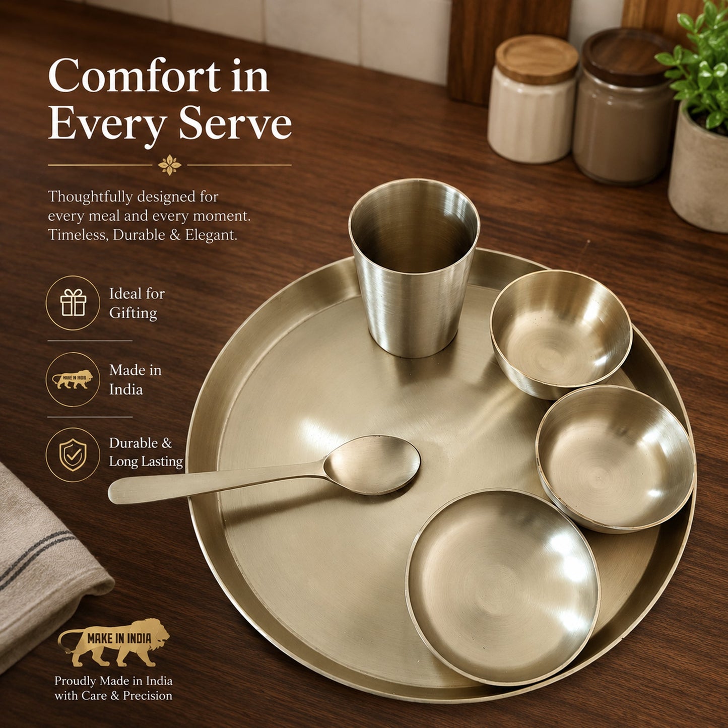 Pure Kansa Matte Finish 13.5 Inch Thali Dinner Set – Traditional Ayurvedic Dinnerware for Healthy & Elegant Dining