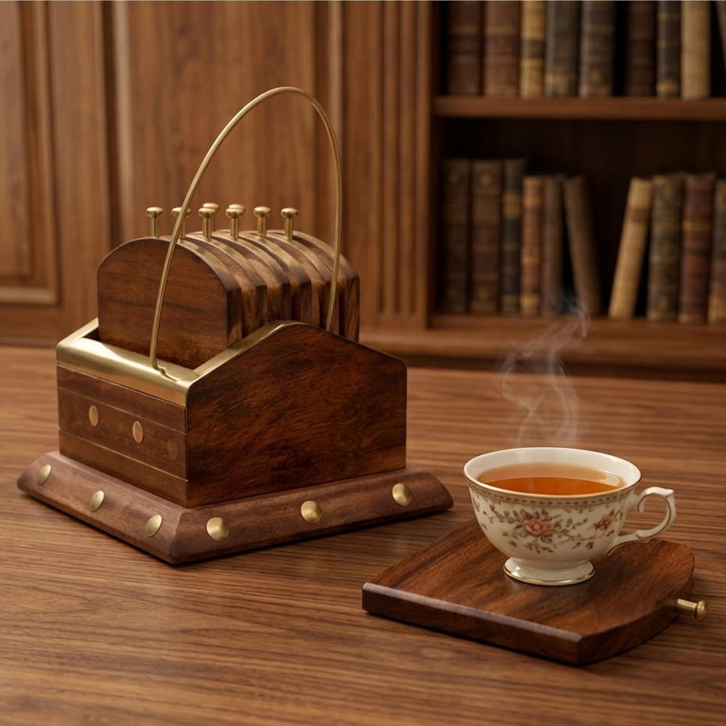 Handcrafted Sheesham Wood Coaster Set with Brass Corners & Holder – Set of 6, 2.5 Inch Drink Coasters for Tea & Coffee Cups