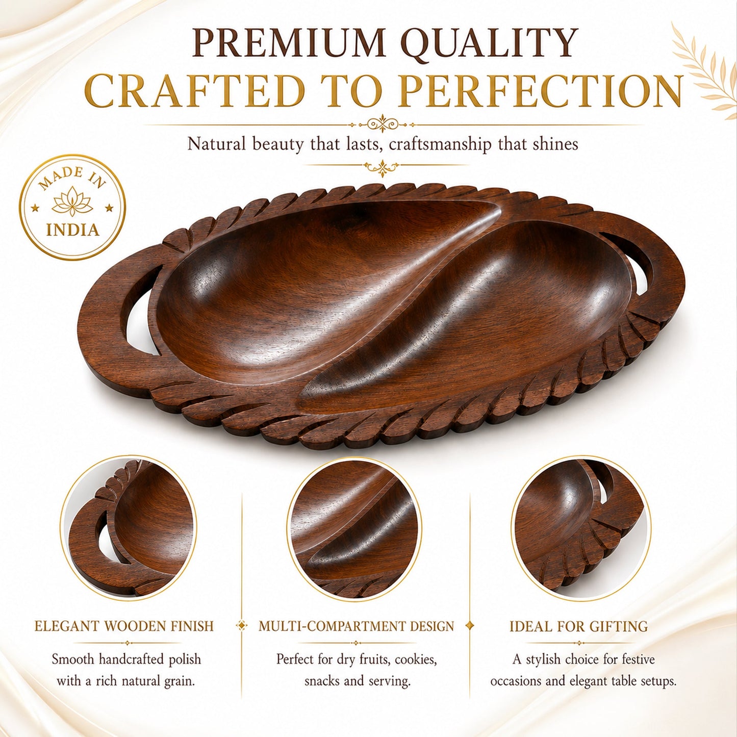 Wooden 2-Compartment Serving Tray with Handles – Handcrafted Divided Platter for Dry Fruits, Snacks, Nuts & Cookies, Sheesham Wood Decorative Serving Dish | Ideal Housewarming & Diwali Gift