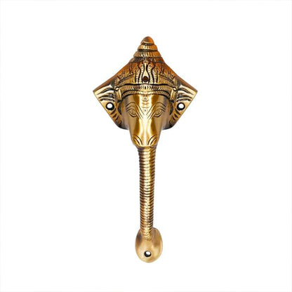 Antique Ganesha Brass Door Handle with Brown Crown – Vintage Indian Design
