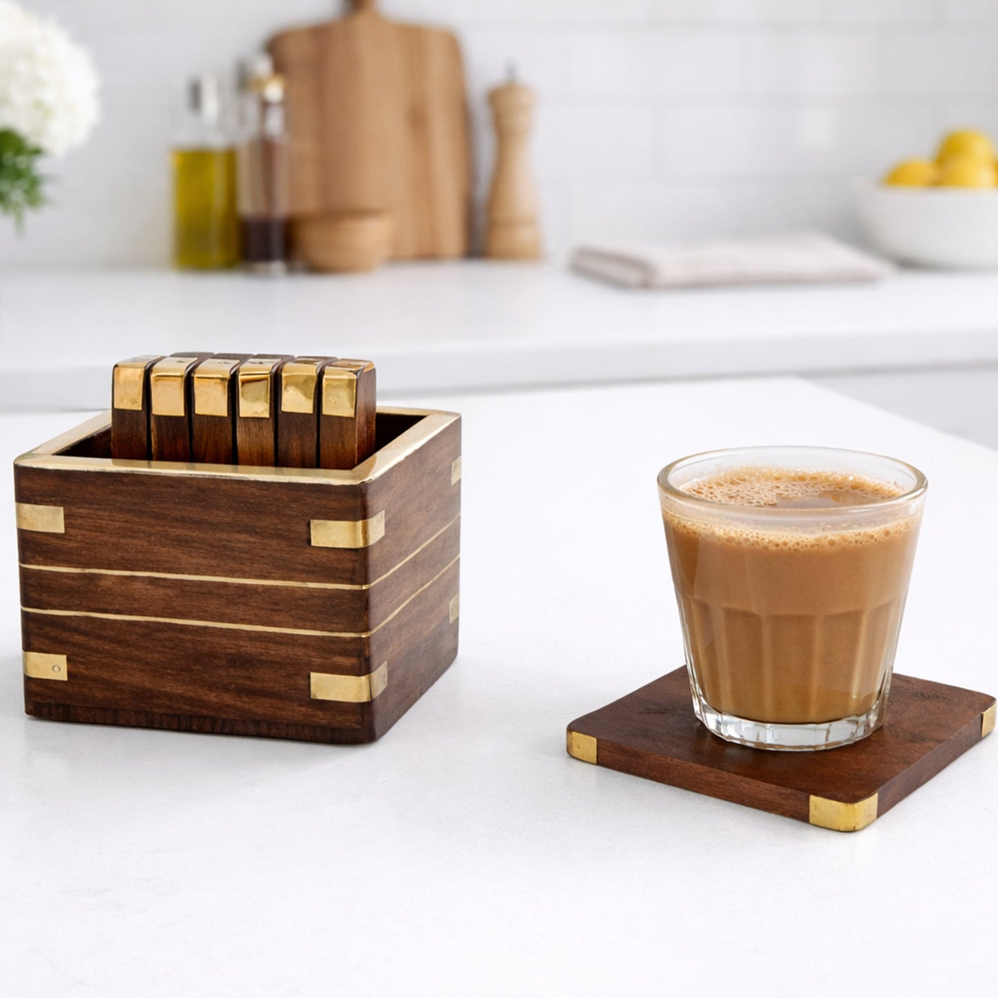Handcrafted Sheesham Wood Box Coaster Set with Brass Corners – 3 Inch Square Coasters, Set of 6