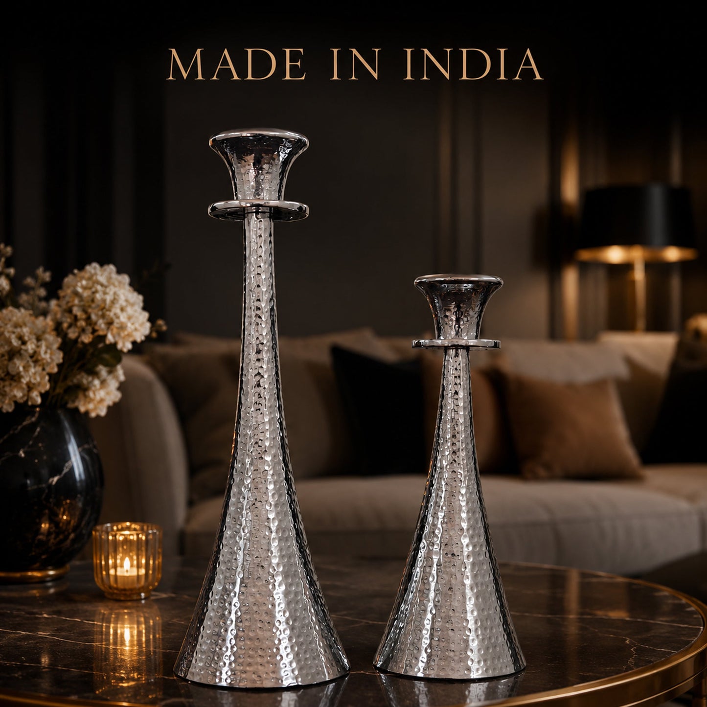 Hammered Silver Tapered Metal Candle Holder Stand Set of 2 | The Indian Aura