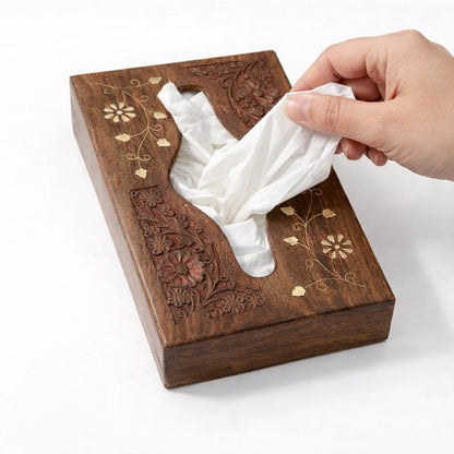 The Indian Aura Handcrafted Wooden Tissue Box Cover with Brass Inlay – Decorative Tissue Holder for Home & Office (15 × 25 × 6 cm)