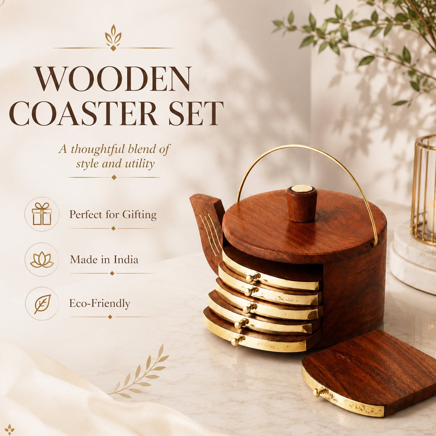 Wooden Tea Coaster Set with Kettle-Shaped Holder – Sheesham Wood & Brass Coasters for Tea Cups, Coffee & Glasses, Handcrafted Table Decor