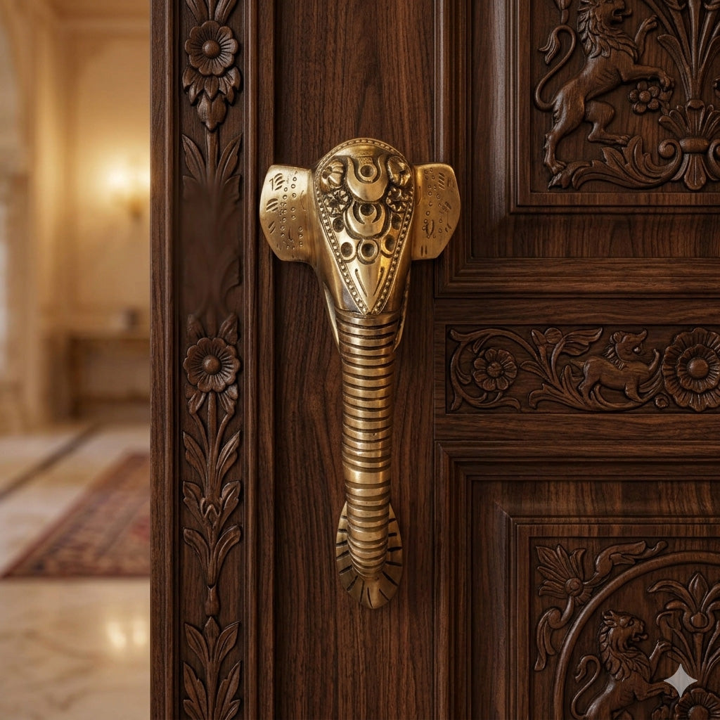 Ganesha Brass Door Handle with Golden Crown - Antique Dhanvantri Design