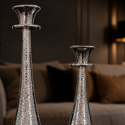 Hammered Silver Tapered Metal Candle Holder Stand Set of 2 | The Indian Aura