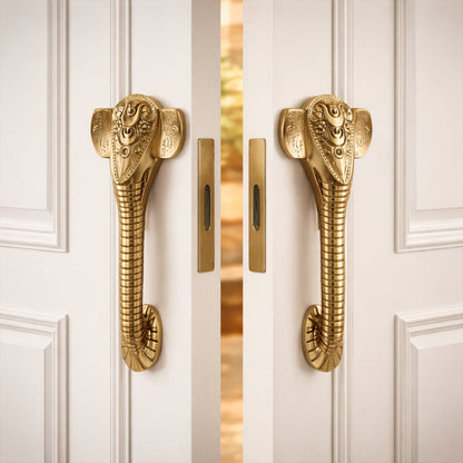 Ganesha Brass Door Handle with Golden Crown - Antique Dhanvantri Design Set of 2