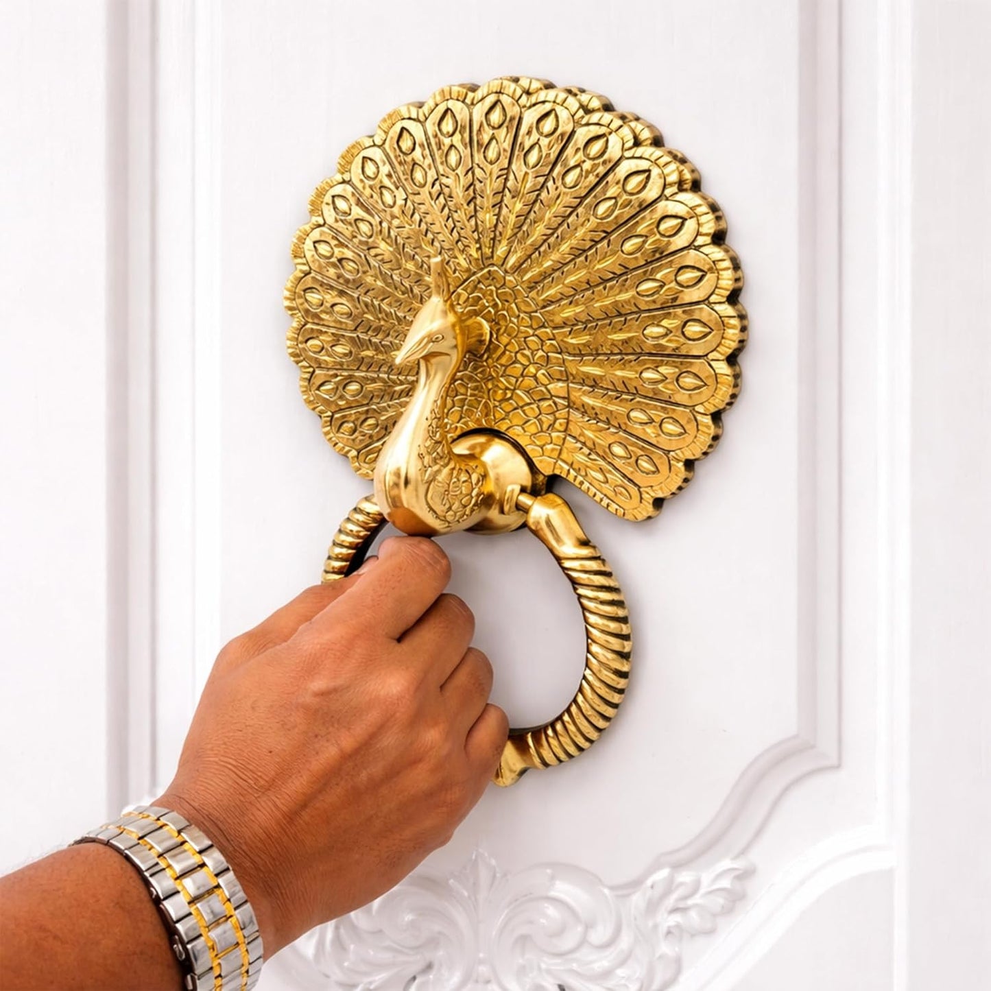 Antique Gold Finish Royal Peacock Front Door Knocker (Large Size) | The Indian Aura