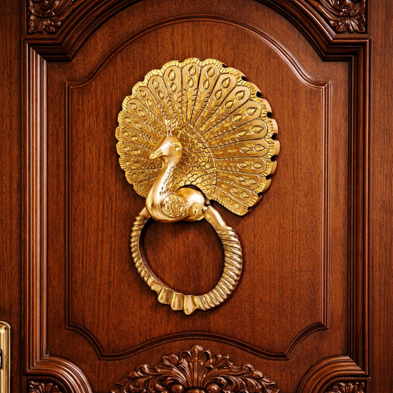 Antique Gold Finish Royal Peacock Front Door Knocker (Large Size) | The Indian Aura
