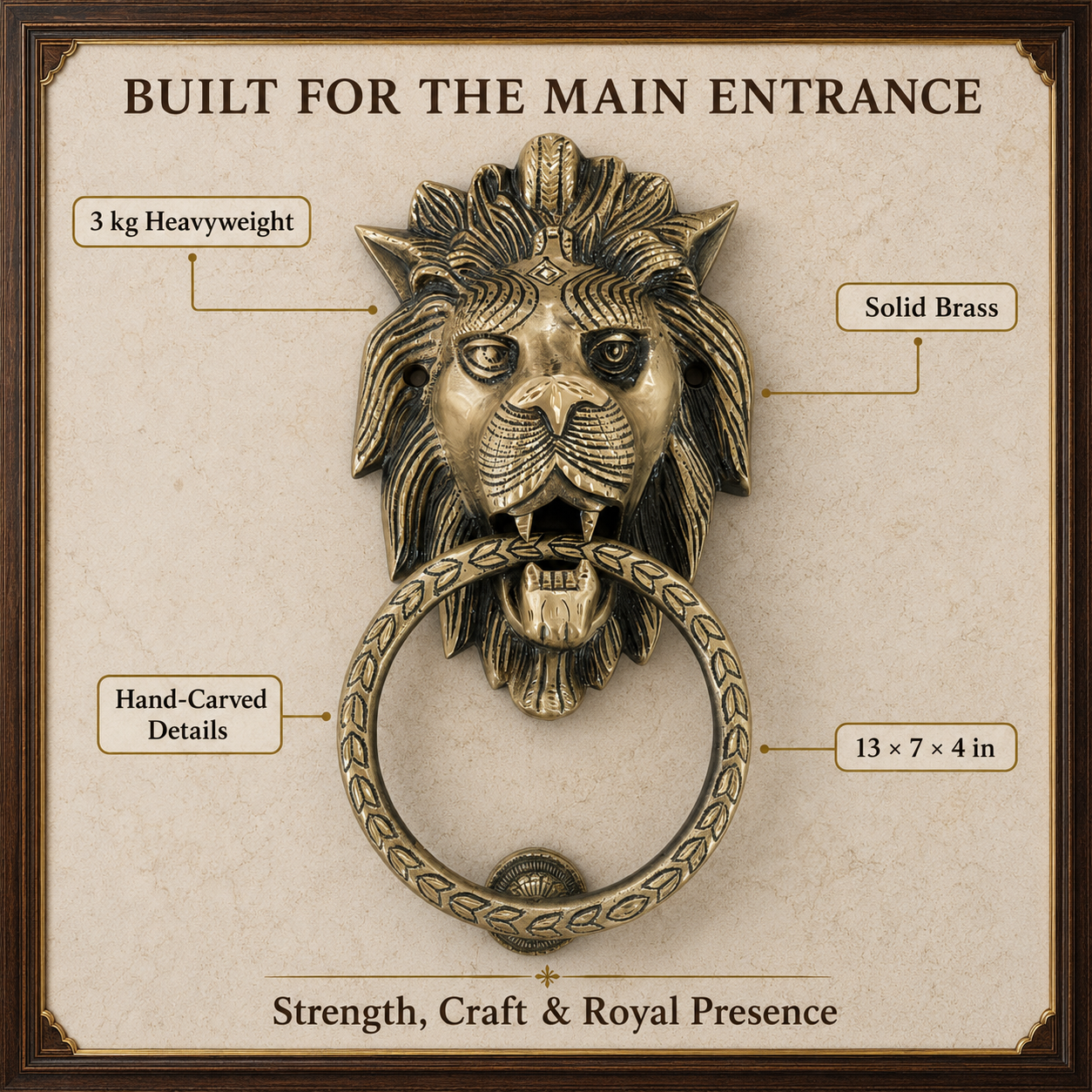 Handcrafted Lion King Brass Door Knocker for Main Door – 3 kg  Antique Finish
