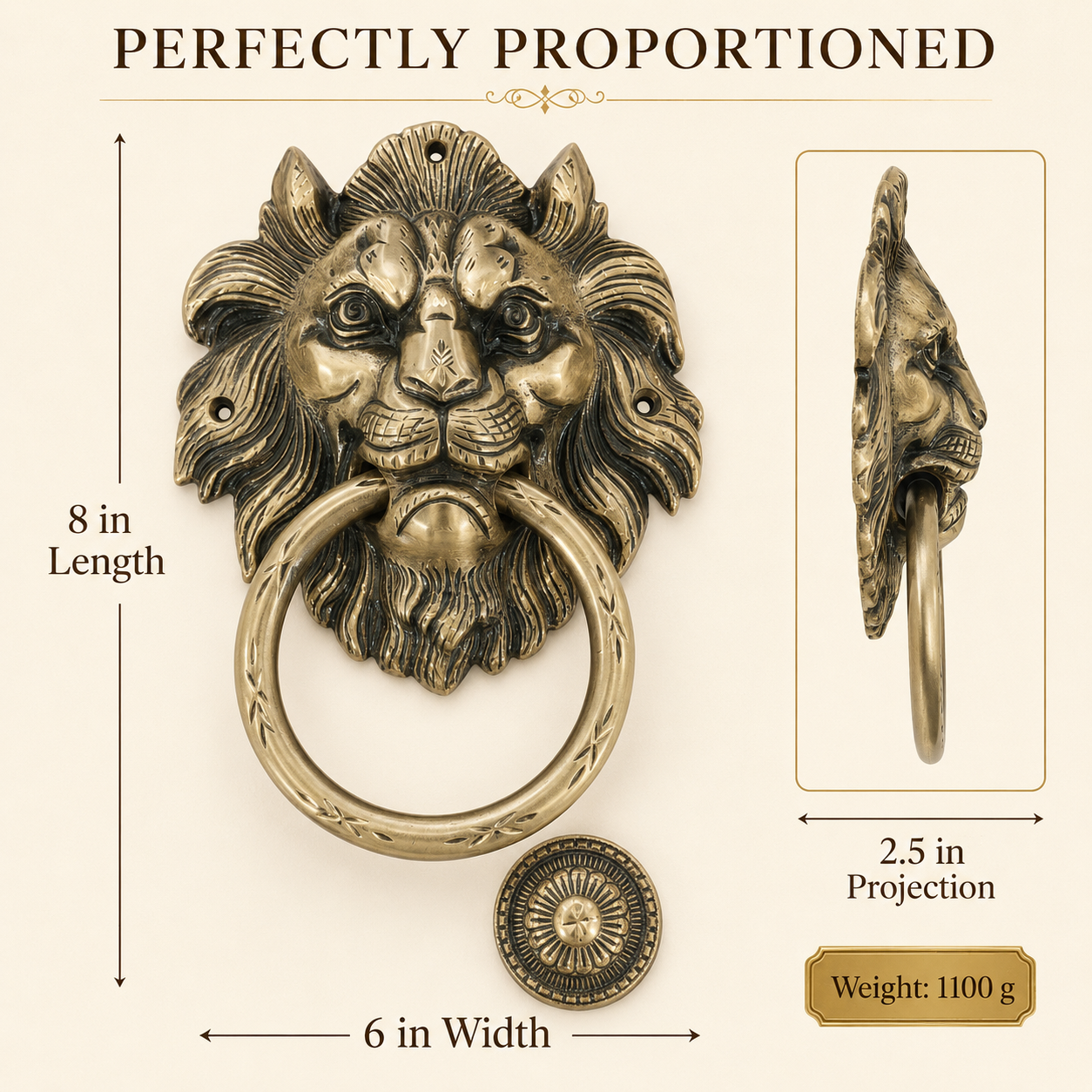 Handcrafted Imperial Crest Lion Brass Door Knocker – 1100 g  Antique Finish
