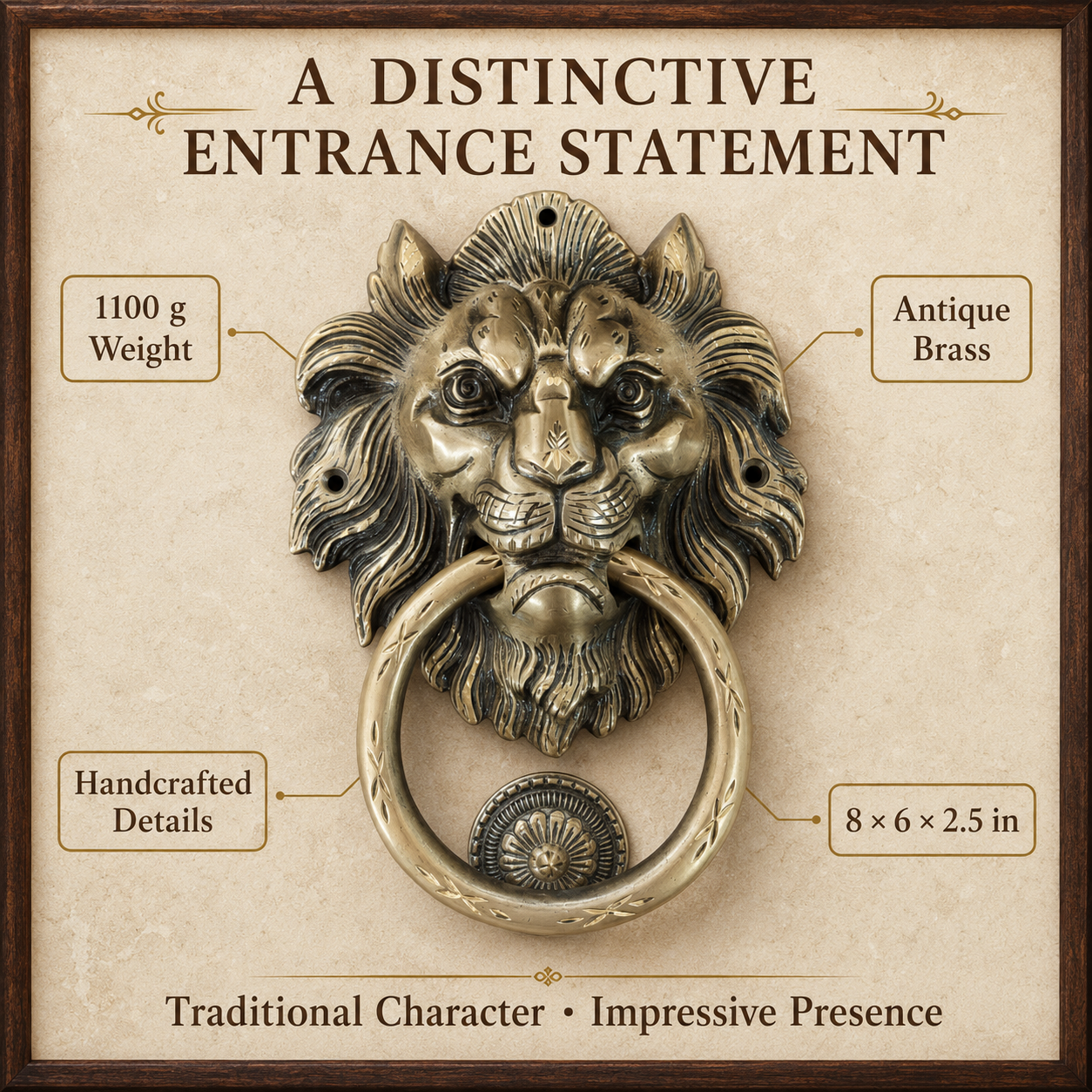 Handcrafted Imperial Crest Lion Brass Door Knocker – 1100 g  Antique Finish