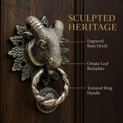 Regal Heritage Ram Head Door Knocker – Antique Brass Finish | The Indian Aura