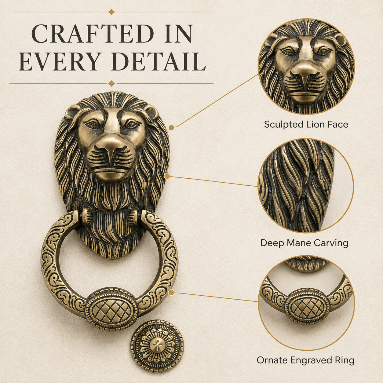 Regal Lion Head Door Knocker with Engraved Ring – Antique Brass Finish | The Indian Aura