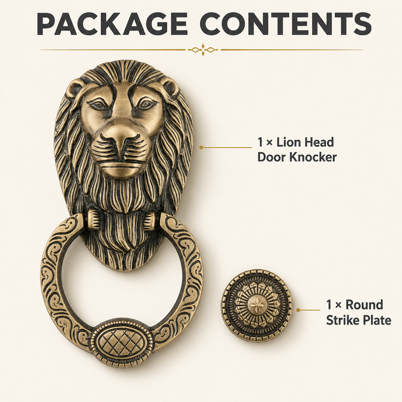 Regal Lion Head Door Knocker with Engraved Ring – Antique Brass Finish | The Indian Aura