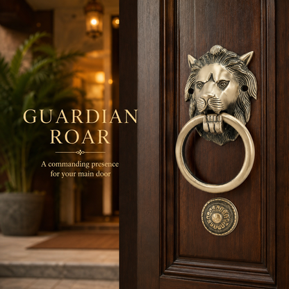 Heritage Sentinel Compact Lion Head Door Knocker – Antique Brass Finish | The Indian Aura