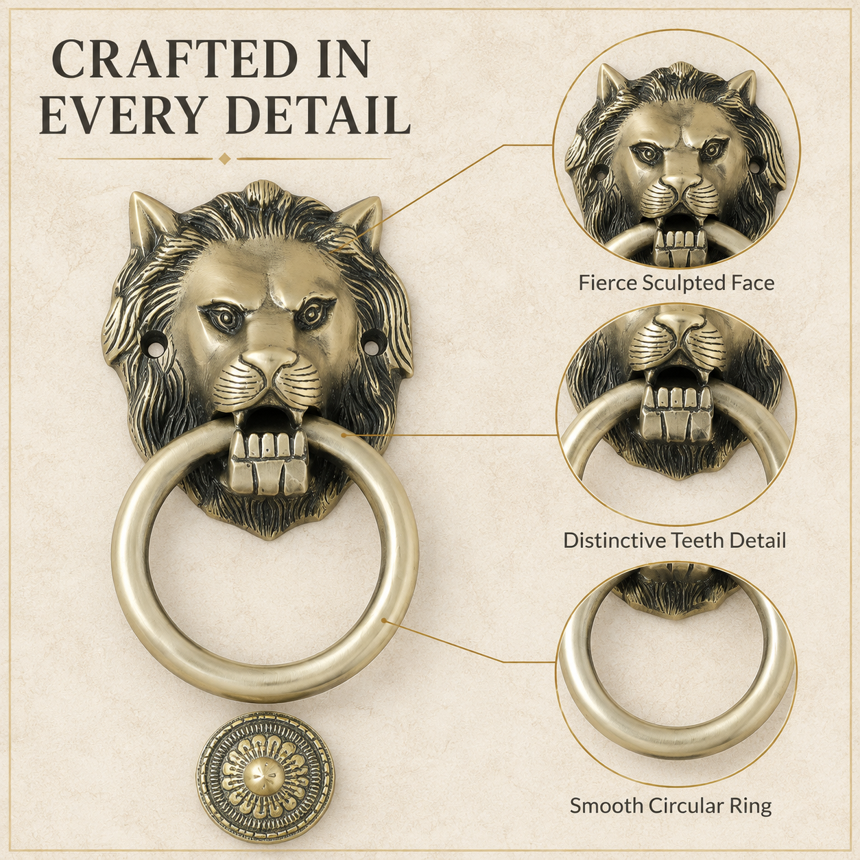 Heritage Sentinel Compact Lion Head Door Knocker – Antique Brass Finish | The Indian Aura