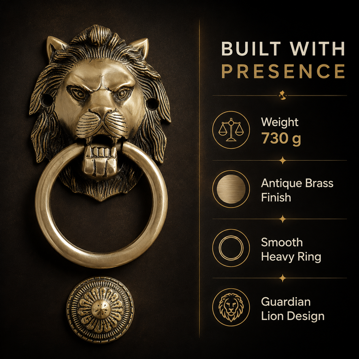 Heritage Sentinel Compact Lion Head Door Knocker – Antique Brass Finish | The Indian Aura