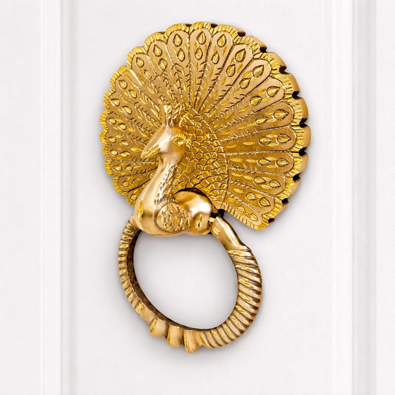 Antique Gold Finish Royal Peacock Front Door Knocker (Large Size) | The Indian Aura