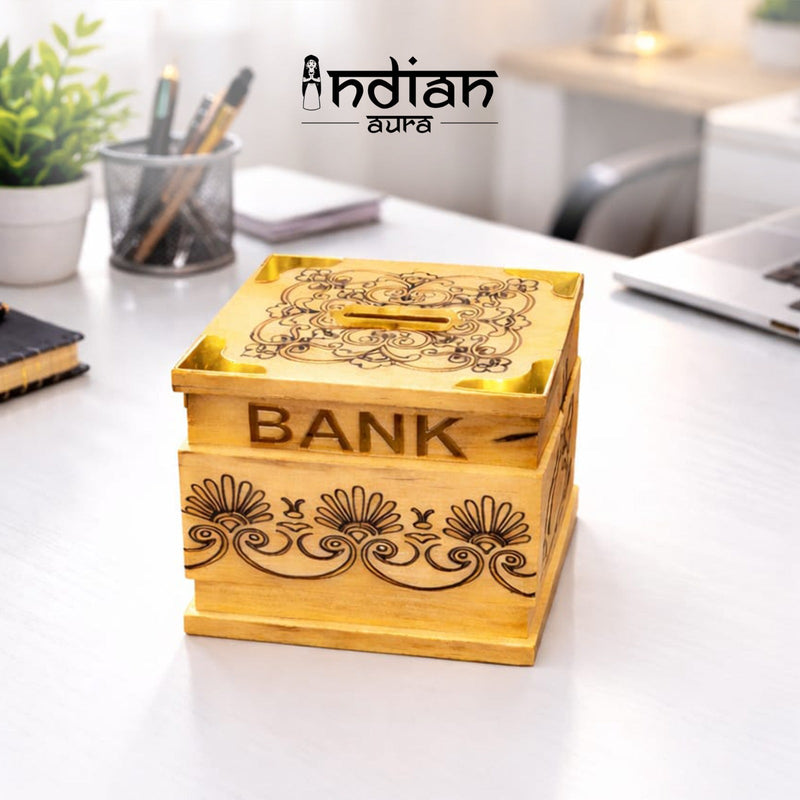 The Indian Aura Handmade Wooden Piggy Bank with Lock and Key