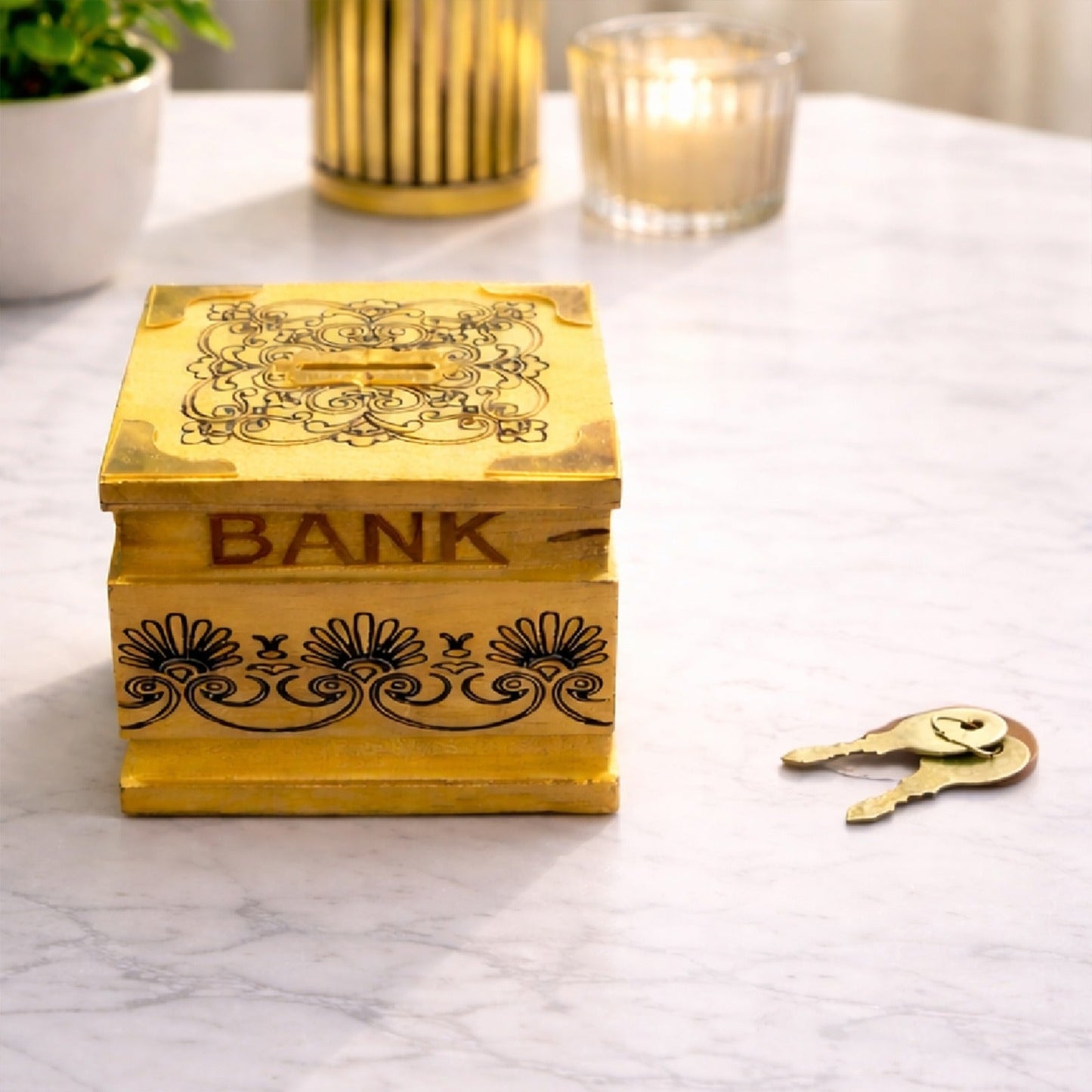 The Indian Aura Handmade Wooden Piggy Bank with Lock and Key