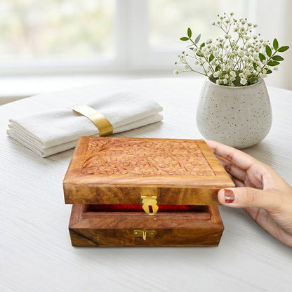 Handmade Wooden Jewellery Box with Floral Carving with Velvet Lined interior
