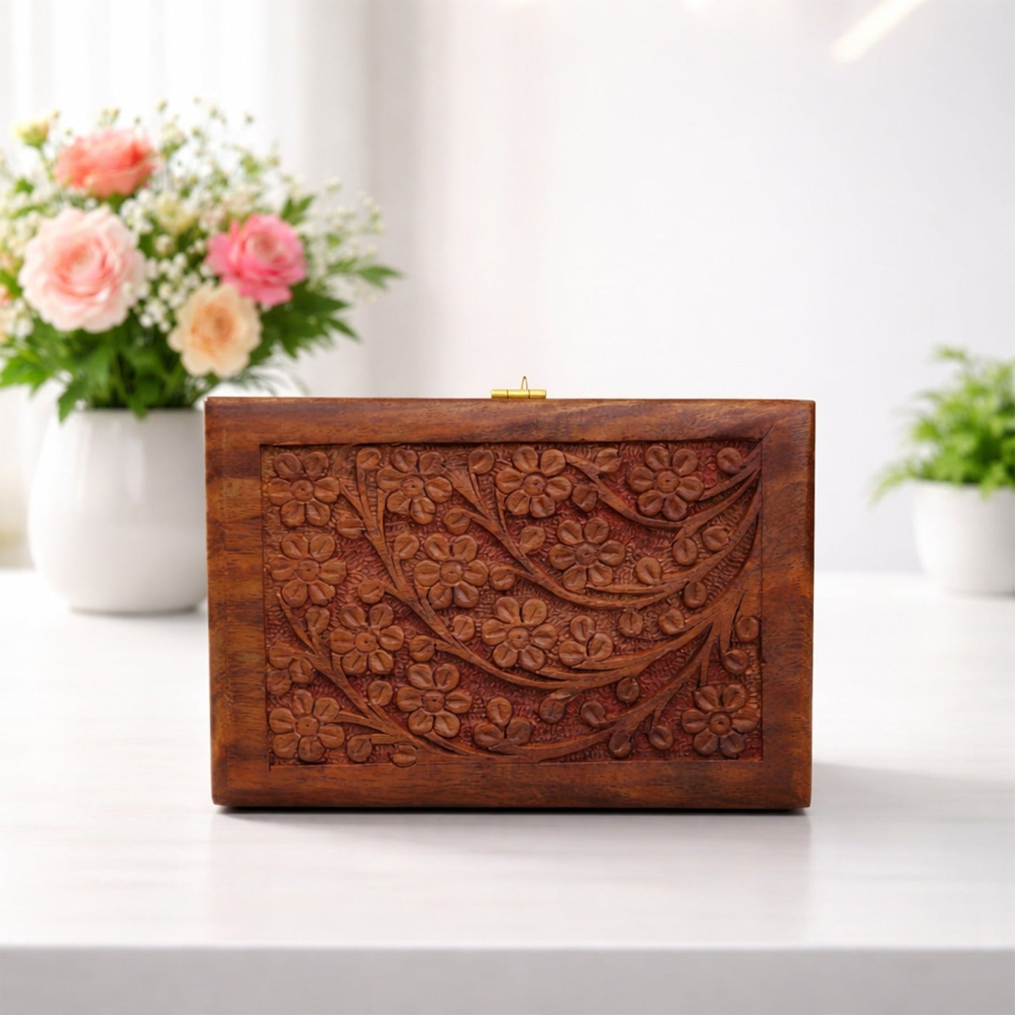 Handmade Wooden Jewellery Box with Floral Carving with Velvet Lined interior