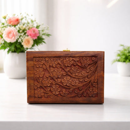 Handmade Wooden Jewellery Box with Floral Carving with Velvet Lined interior