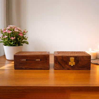 Handmade Wooden Jewellery Box with Floral Carving with Velvet Lined interior