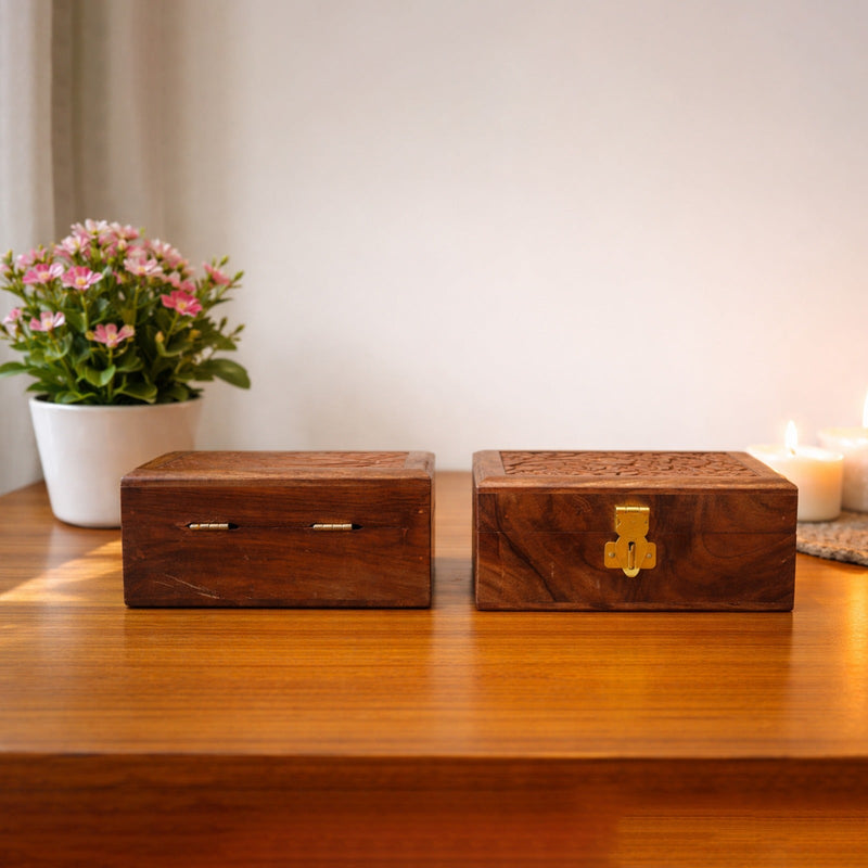 Handmade Wooden Jewellery Box with Floral Carving with Velvet Lined interior