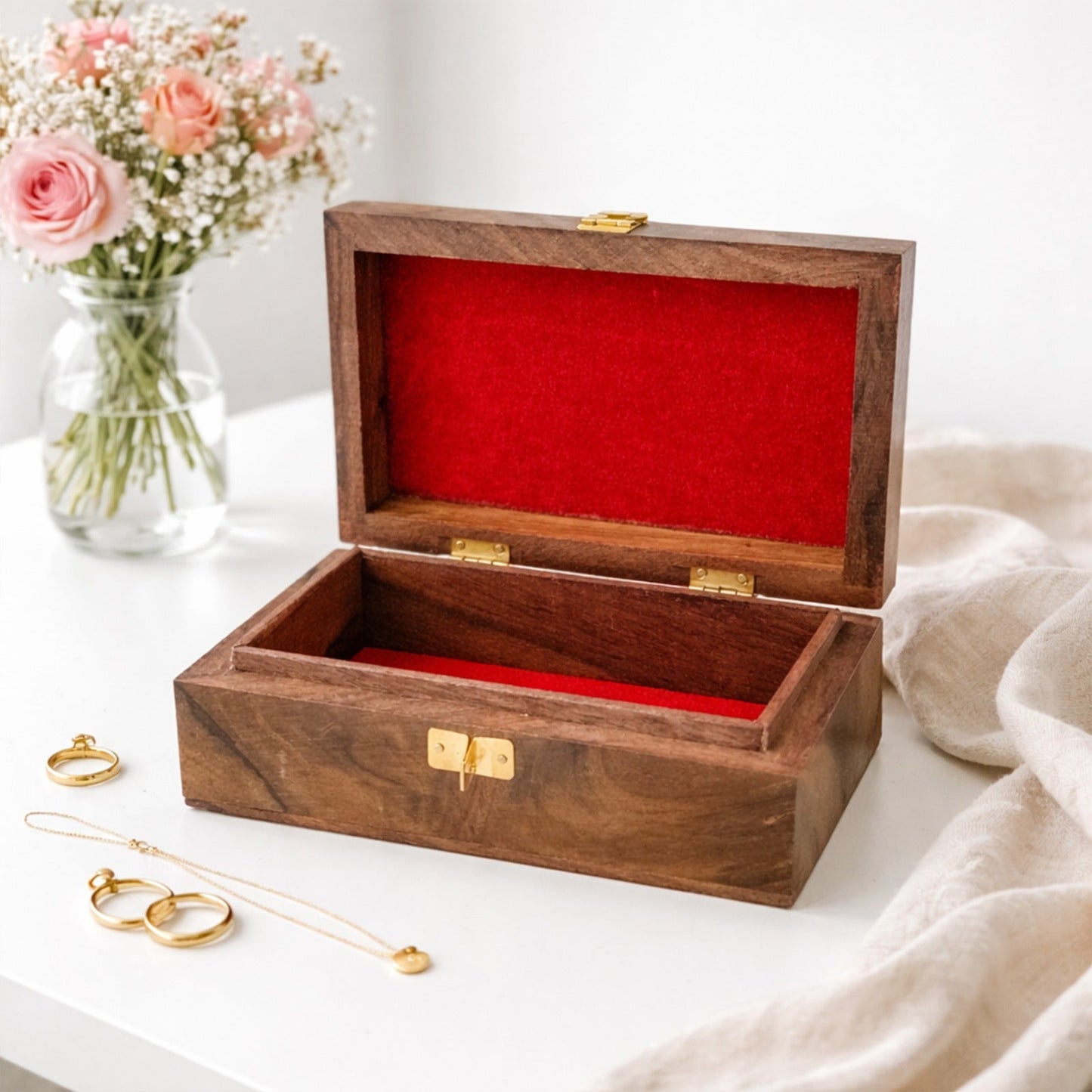 Handmade Wooden Jewellery Box with Floral Carving with Velvet Lined interior